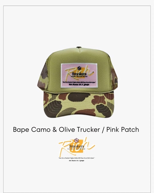 Bape Camo & Olive Green with Pink Patch - 5 Panel High Crown RS Trucker Hat