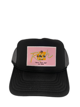 Load image into Gallery viewer, Black with Pink Rich Box Logo- 5 Panel High Crown Trucker Hat
