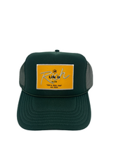 Load image into Gallery viewer, Hunter Green with Gold Rich Box Logo- 5 Panel High Crown Trucker Hat
