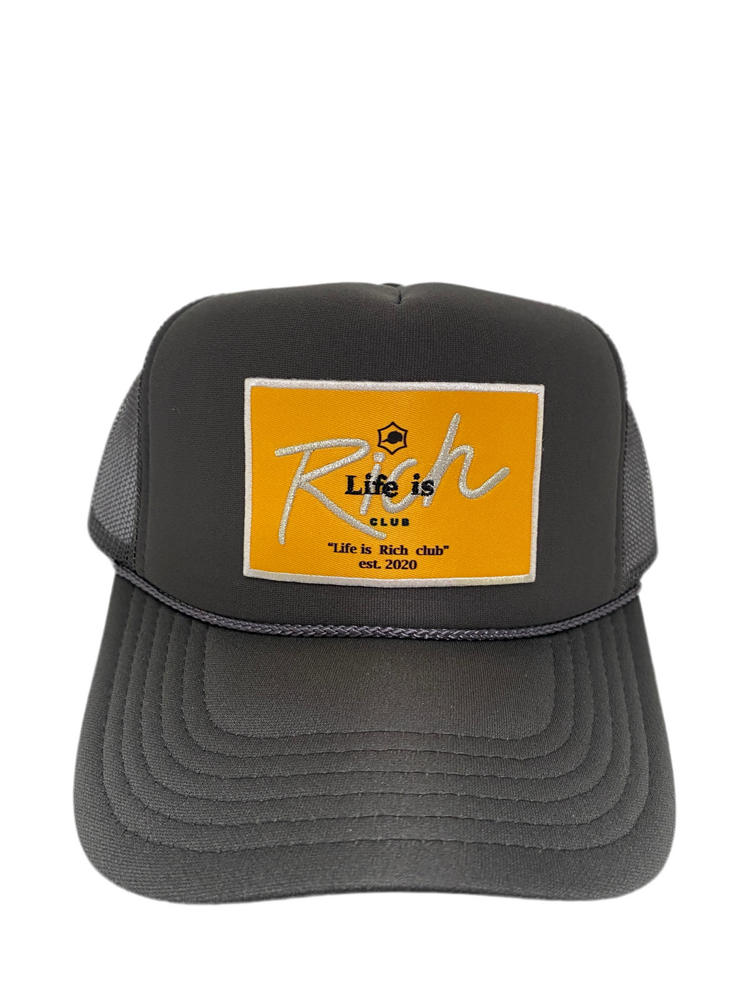 Charcoal Grey with Gold Rich Box Logo - 5 Panel High Crown Trucker Hat