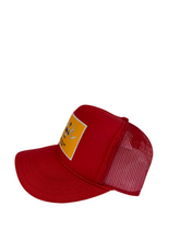 Load image into Gallery viewer, Red with Gold Rich Box Logo - 5 Panel High Crown Kids Trucker Hat
