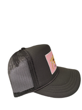 Load image into Gallery viewer, Charcoal Gray with Pink Rich Box Logo - 5 Panel High Crown Kids Trucker Hat
