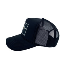 Load image into Gallery viewer, All Black with Black Rich Box Logo- 5 Panel High Crown Trucker Hat.
