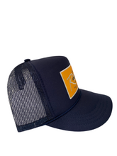 Load image into Gallery viewer, Navy Blue with Gold Rich Box Logo - 5 Panel High Crown Kids Trucker Hat
