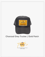 Load image into Gallery viewer, Charcoal Grey with Gold Patch - 5 Panel High Crown RS Trucker Hat
