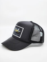 Load image into Gallery viewer, Black with Black Patch - 5 Panel High Crown RS Trucker Hat
