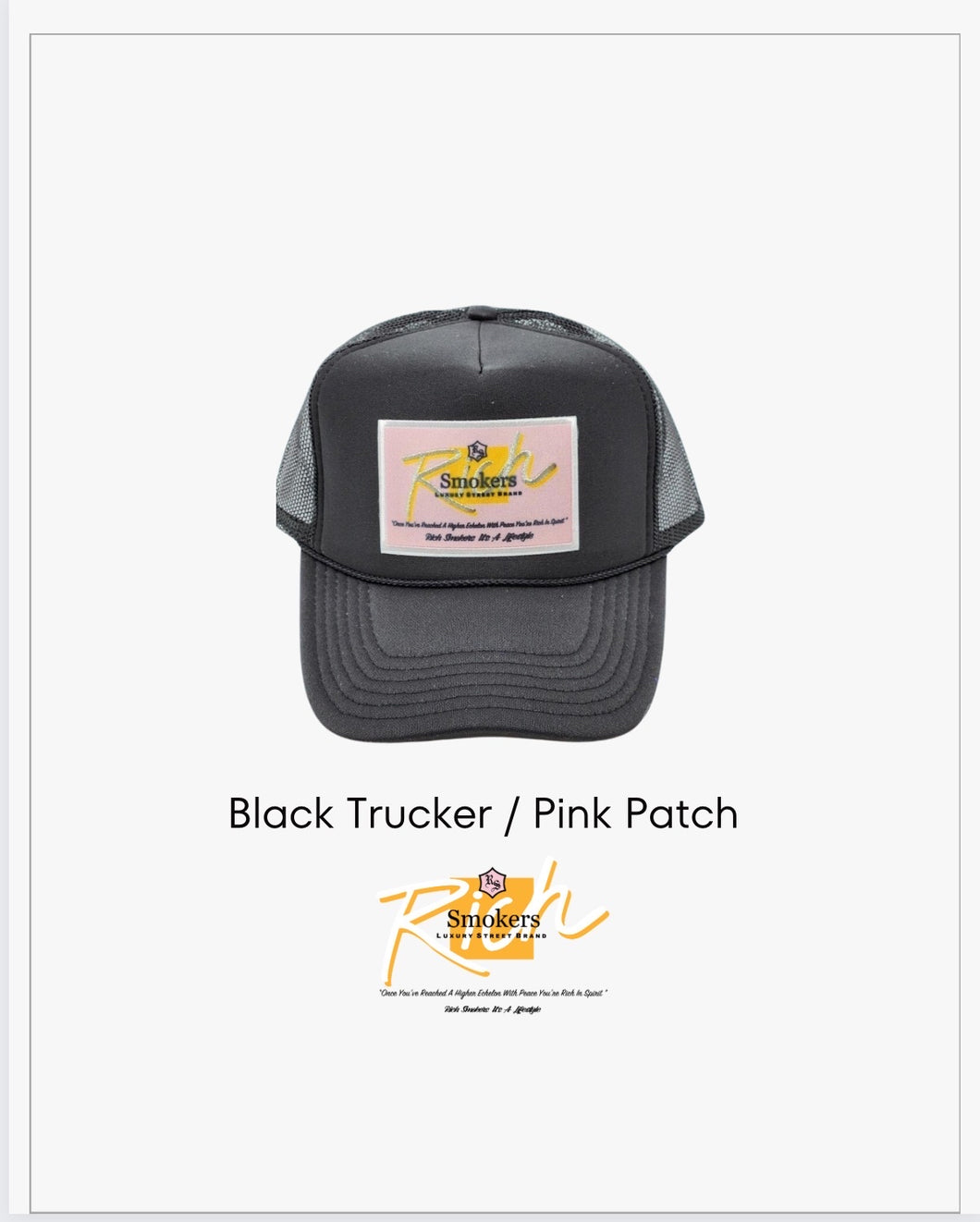 Black with Pink Patch - 5 Panel High Crown RS Trucker Hat