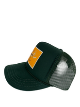 Load image into Gallery viewer, Hunter Green with Gold Rich Box Logo - 5 Panel High Crown Kids Trucker Hat
