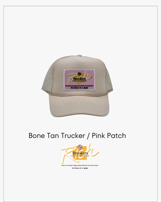 Bone Tan with Pink Patch - 5 Panel High Crown RS Trucker Hat