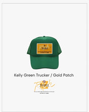 Load image into Gallery viewer, Kelly Green with Gold Patch - 5 Panel High Crown RS Trucker Hat
