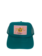 Load image into Gallery viewer, Jade with Pink Rich Box Logo - 5 Panel High Crown Trucker Hat
