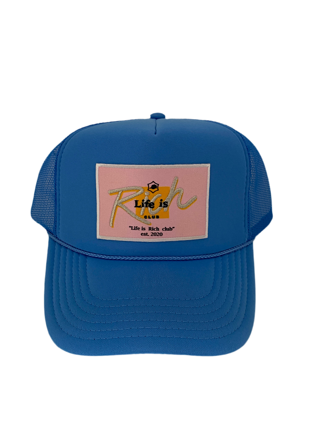 Neon Blue with Pink Rich Box Logo- 5 Panel High Crown Trucker Hat