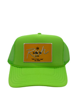 Load image into Gallery viewer, Neon Green with Gold Rich Box Logo- 5 Panel High Crown Trucker Hat
