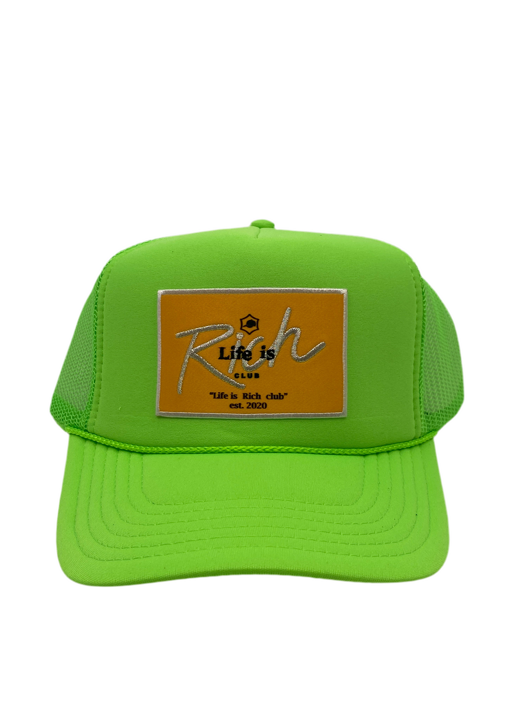 Neon Green with Gold Rich Box Logo- 5 Panel High Crown Trucker Hat