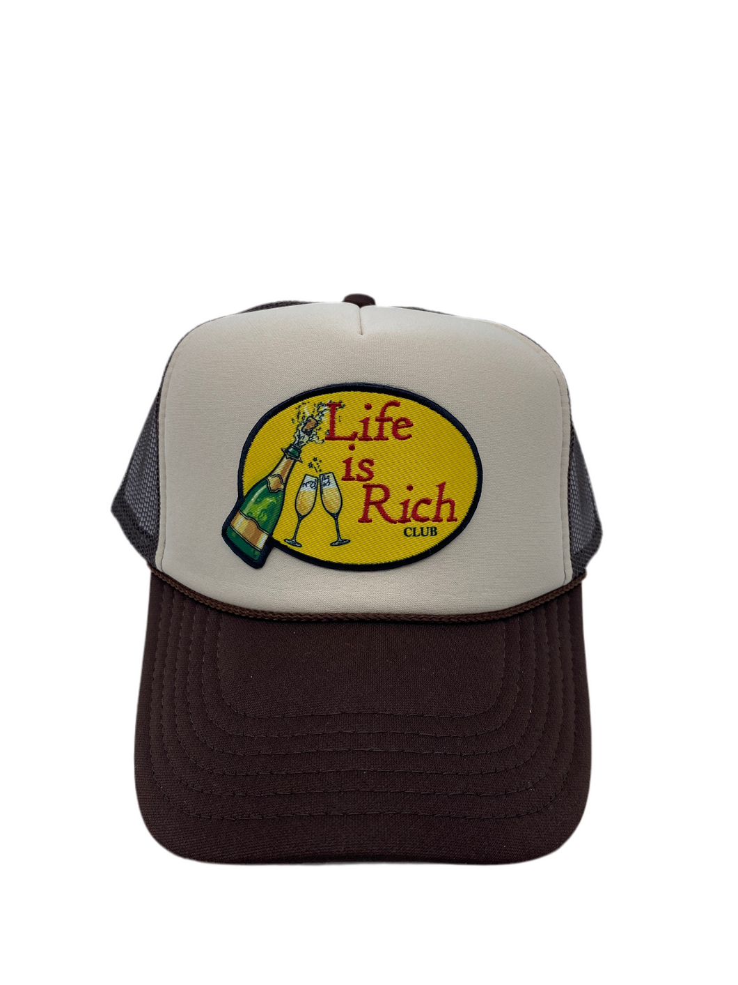 Two Toned Brown & Tan with Celebration Logo- 5 Panel High Crown Trucker Hat