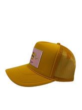 Load image into Gallery viewer, Yellow Gold with Pink Rich Box Logo- 5 Panel High Crown Trucker Hat
