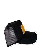 Load image into Gallery viewer, Black with Gold Rich Box Logo- 5 Panel High Crown Trucker Hat
