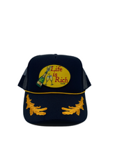 Load image into Gallery viewer, All Black &amp; Gold Sailor with Celebration Logo- 5 Panel High Crown Trucker Hat
