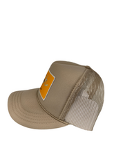 Load image into Gallery viewer, Khaki with Gold Rich Box Logo - 5 Panel High Crown Kids Trucker Hat
