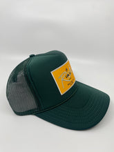 Load image into Gallery viewer, Hunter Green with Gold Rich Box Logo- 5 Panel High Crown Trucker Hat
