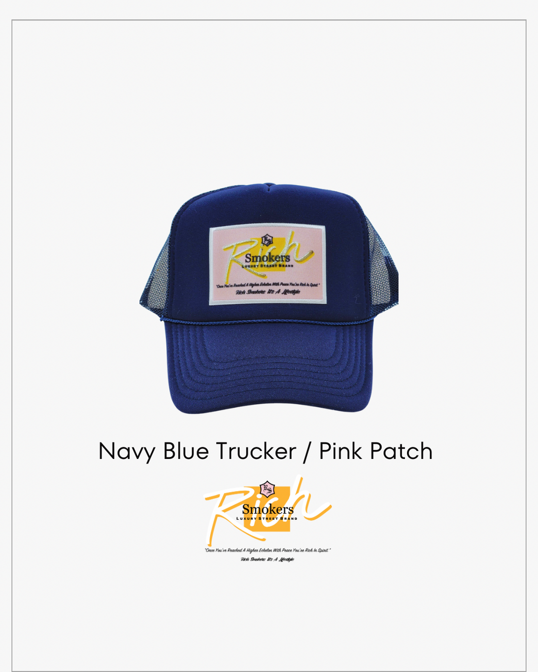 Navy Blue with Pink Patch - 5 Panel High Crown RS Trucker Hat