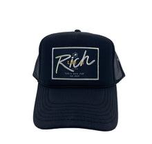 Load image into Gallery viewer, All Black with Black Rich Box Logo- 5 Panel High Crown Trucker Hat.
