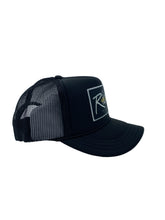 Load image into Gallery viewer, All Black with Black Rich Box logo- 5 Panel High Crown Kids Trucker Hat.
