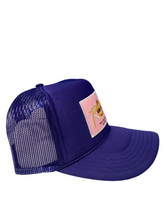 Load image into Gallery viewer, Purple with Pink Rich Box Logo- 5 Panel High Crown Trucker Hat
