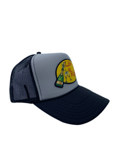 Load image into Gallery viewer, Two Toned Black &amp; Grey with Celebration Logo- 5 Panel High Crown Trucker Hat
