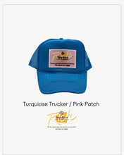 Load image into Gallery viewer, Turquoise Blue with Pink Patch - 5 Panel High Crown RS Trucker Hat
