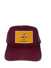 Load image into Gallery viewer, Maroon Wine with Gold Rich Box Logo - 5 Panel High Crown Trucker Hat

