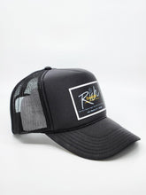 Load image into Gallery viewer, Black with Black Patch - 5 Panel High Crown RS Trucker Hat
