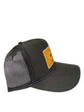 Load image into Gallery viewer, Charcoal Grey with Gold Rich Box Logo - 5 Panel High Crown Trucker Hat
