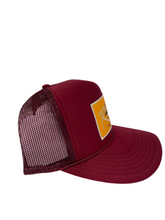 Load image into Gallery viewer, Burgundy with Gold Rich Box Logo - 5 Panel High Crown Trucker Hat
