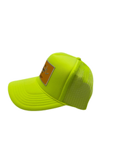 Load image into Gallery viewer, Neon Yellow with Gold Rich Box Logo - 5 Panel High Crown Trucker Hat
