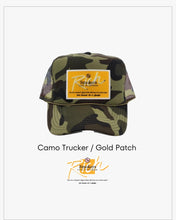 Load image into Gallery viewer, Camouflage with Gold Patch - 5 Panel High Crown RS Trucker Hat
