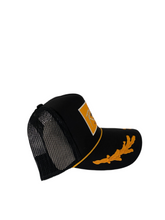 Load image into Gallery viewer, All Black &amp; Gold Sailor with Gold Rich Box Logo - 5 Panel High Crown Trucker Hat
