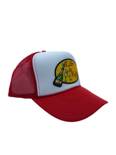 Load image into Gallery viewer, Two Toned Red &amp; White with Celebration Logo- 5 Panel High Crown Trucker Hat
