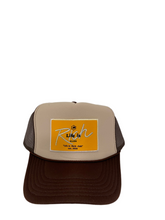 Load image into Gallery viewer, Two Toned Brown &amp; Tan with Gold Rich Box Logo - 5 Panel High Crown Trucker Hat
