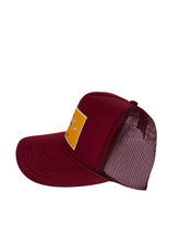 Load image into Gallery viewer, Burgundy with Gold Rich Box Logo - 5 Panel High Crown Trucker Hat
