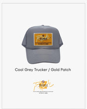 Load image into Gallery viewer, Cool Grey with Gold Patch - 5 Panel High Crown RS Trucker Hat
