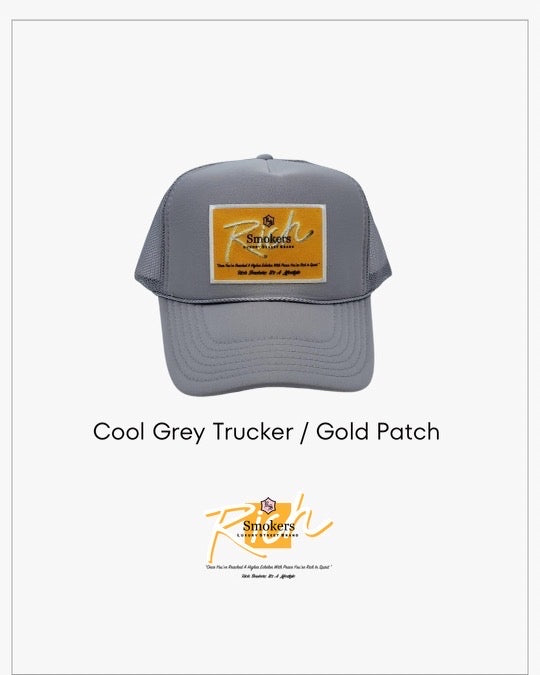 Cool Grey with Gold Patch - 5 Panel High Crown RS Trucker Hat