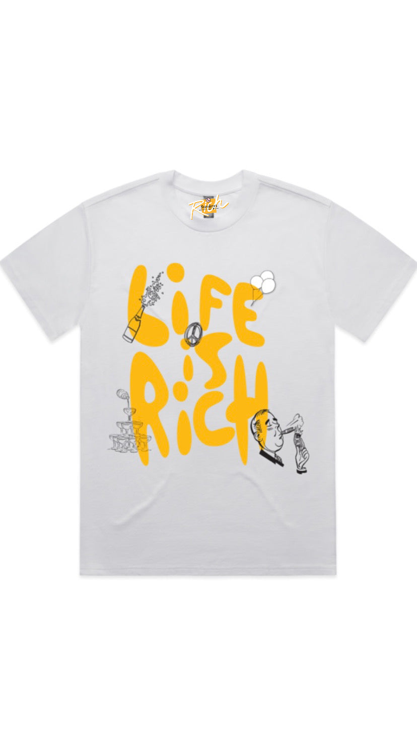 Life is Rich bubble graphic white t-shirt/ yellow gold