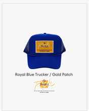 Load image into Gallery viewer, Royal Blue with Gold Patch - 5 Panel High Crown RS Trucker Hat
