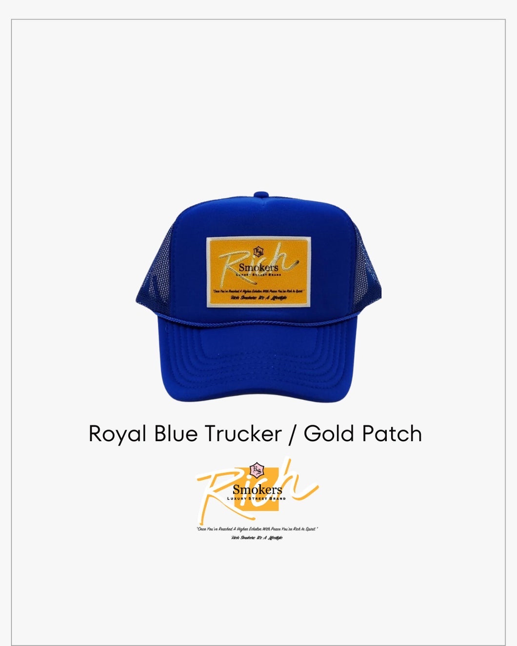 Royal Blue with Gold Patch - 5 Panel High Crown RS Trucker Hat