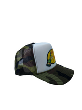 Load image into Gallery viewer, Two Toned Camo &amp; White with Celebration Logo- 5 Panel High Crown Trucker Hat
