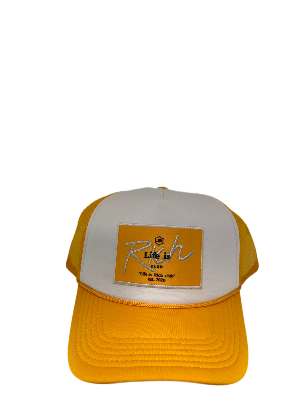 Two Toned Golden Yellow & White with Gold Rich Box Logo - 5 Panel High Crown Trucker Hat