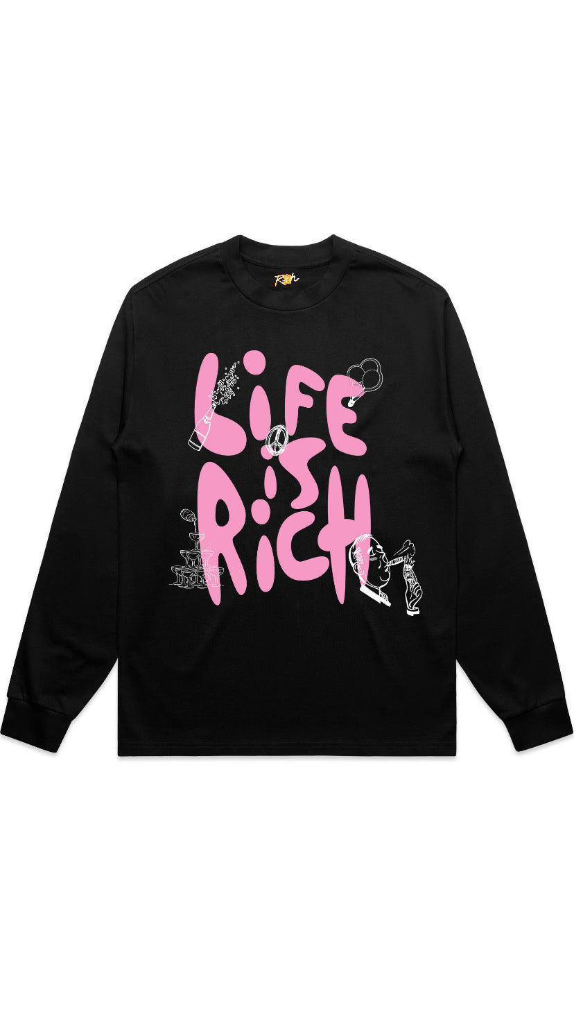 Life is Rich bubble Graphic long sleeve Black T-shirt / pink