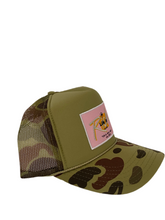 Load image into Gallery viewer, Bape Camo &amp; Olive Green with Pink Rich Box Logo- 5 Panel High Crown Trucker Hat
