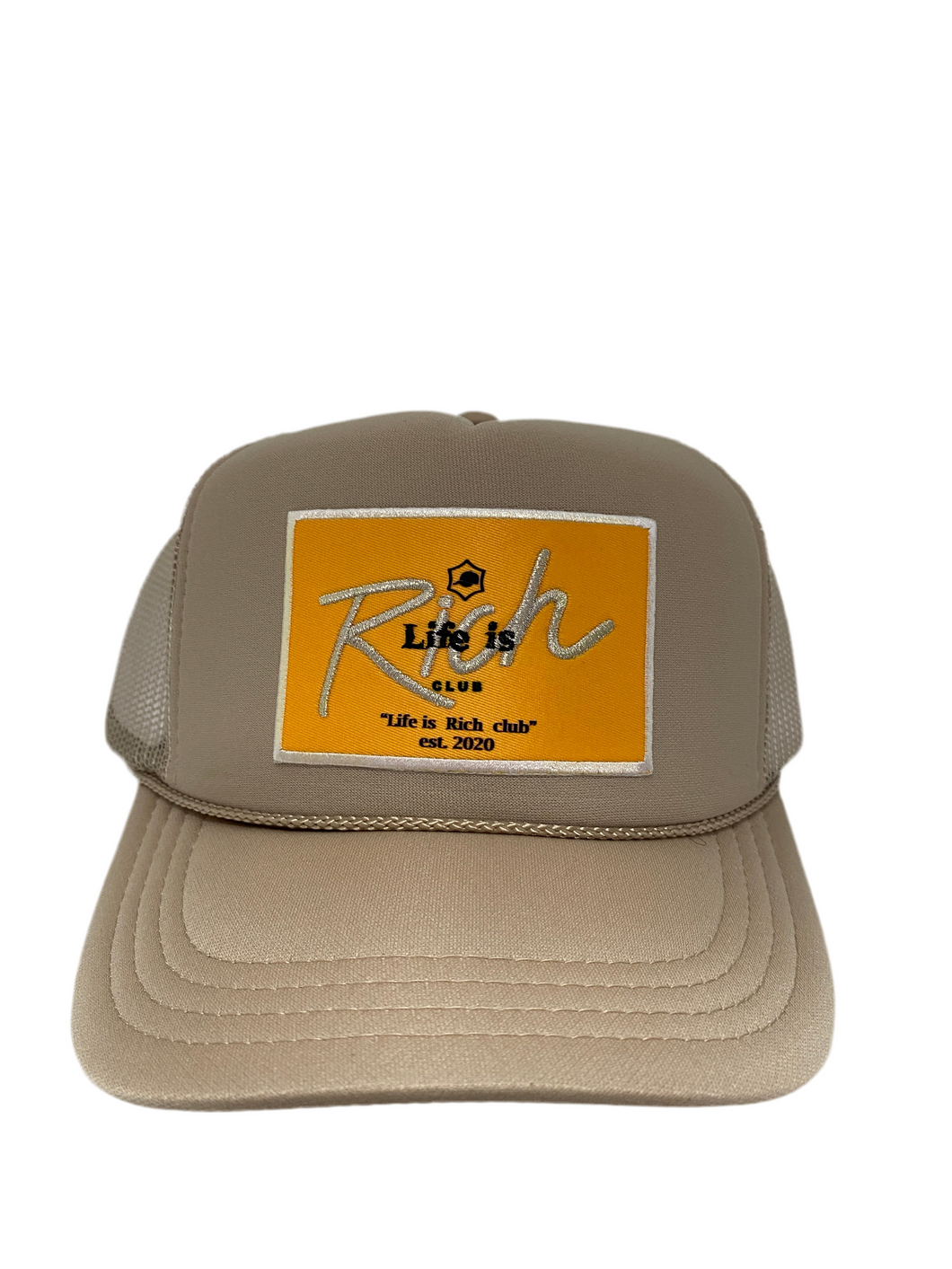 Khaki with Gold Rich Box Logo - 5 Panel High Crown Kids Trucker Hat